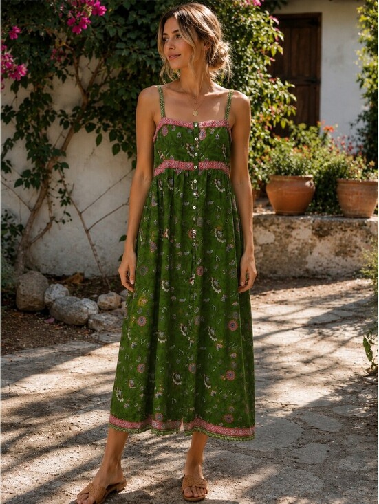 NATURAL LIFE Dresses & Skirts - Natural Life Lottie Midi Dress Sz Med Green Floral Buttom Front NWOT Cottagecore